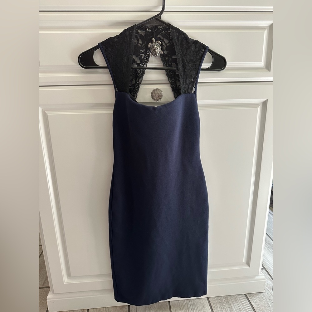 Size XS Navy Blue Body Con Dress with Black Lace Detail Straps/Back
